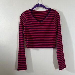 New Red &  Dark Blue Striped print Crop Top Long Sleeve Large Cute Preppy Fall